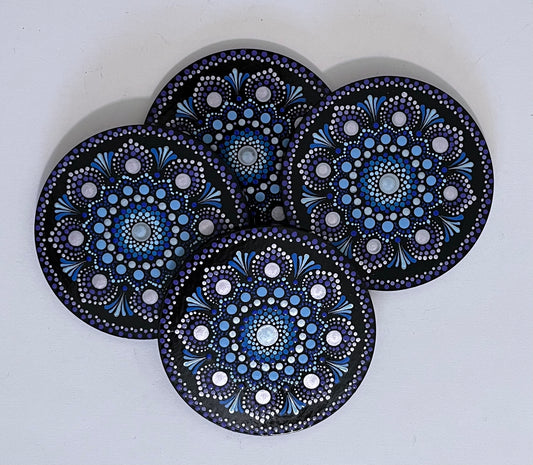 Round Mandala Coasters - Black with Blue Pattern (set of 4)