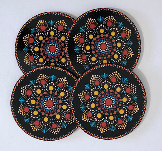 Fiesta Round Mandala Coasters - Black with Red Pattern (set of 4)