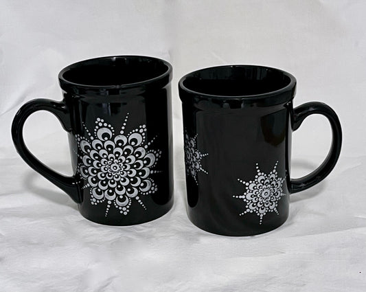 Black Mug with Metallic Silver Mandala Mum pattern