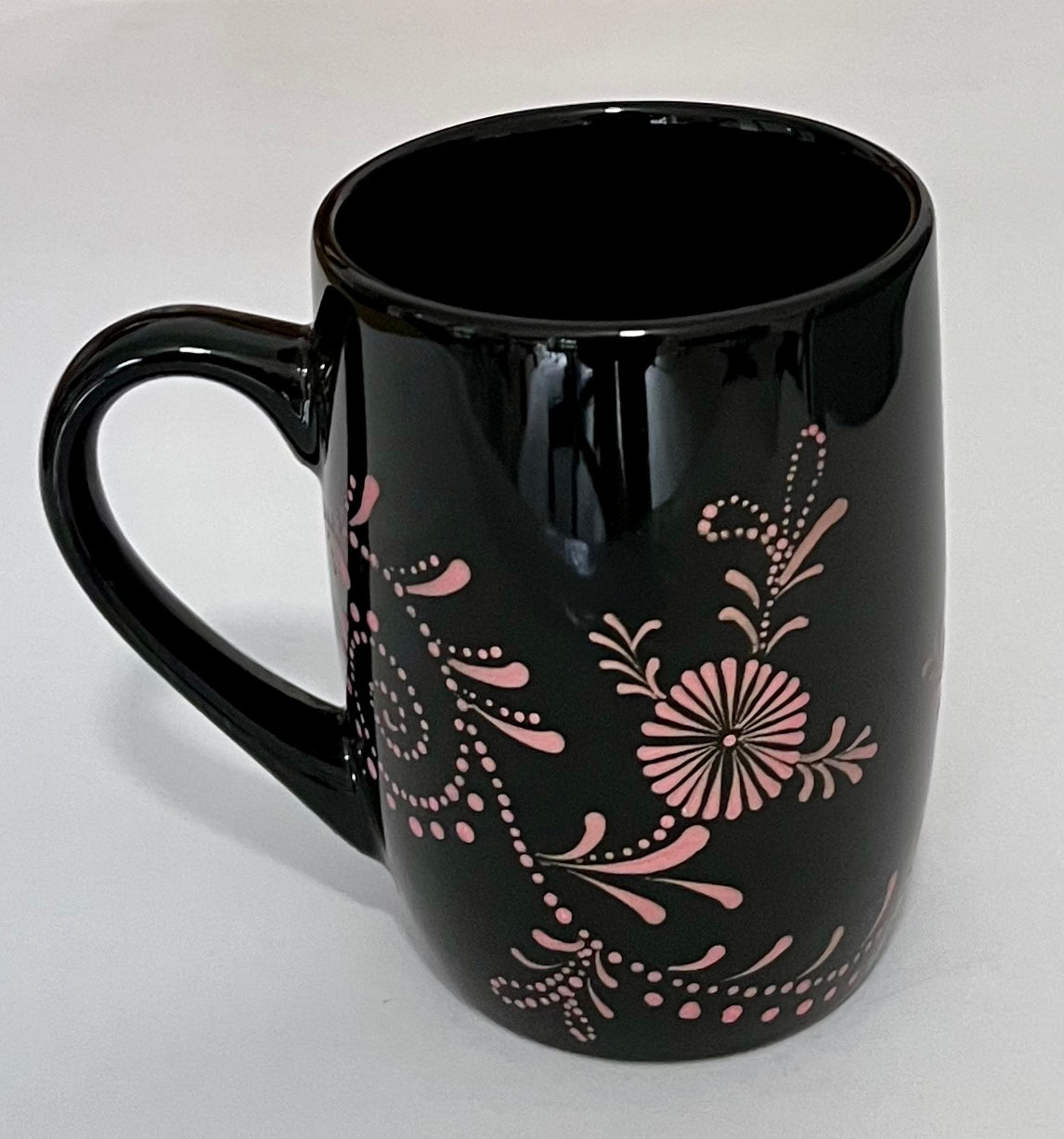 Black Mug with Metallic Pink floral pattern