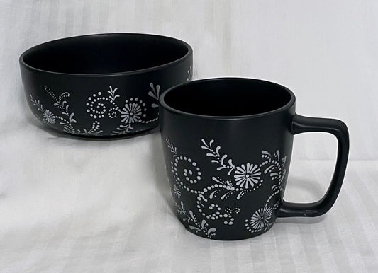 Black & Silver Floral Mug and Bowl Set
