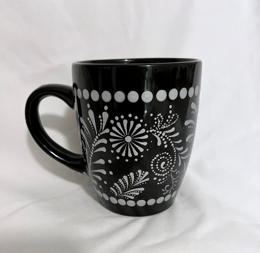 Black Mug with Metallic Silver floral pattern